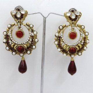Wedding Wear Maroon CZ Earring Set Gold Tone Indian Party Chandelier Jewelry Drop Earrings Jewelry