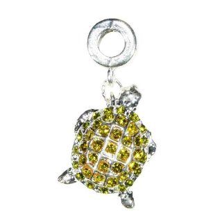 Hidden Gems (870A)   Silver Plated Dangle Turtle With Green Stones,will fit Pandora/Troll/Chamilia Style Charm Bracelet. Jewelry