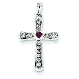 14 Karat White Gold Genuine Diamond and Ruby Heart Cross Charm Jewelry