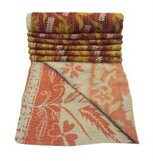 Decorative Indian Red Kantha Stitch Quilt Twin Size Reversible Bedspread Cotton Gudri Floral Print Decorative 82" X 54" Inches  