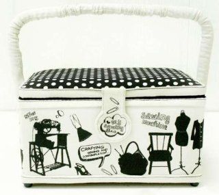 Sewing Basket Sewing Box Black Sewing Print on White Twill 11.125" X 6.25" X 5.75" (28.2575cm x 15.875cm x 14.605cm) with Handle and Feet