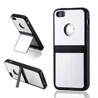 For iPhone 5/5S Silver Aluminum Brushed Metal Inlay TPU Case with Chrome Stand Cell Phones & Accessories