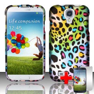 Samsung Galaxy S4 (Verizon/AT&T/Sprint/T Mobile/Ting/U.S. Cellular/Cricket) 2 Piece Snap On Rubberized Hard Plastic Case Cover, Black Cheetah Spot Pattern Rainbow Cover + LCD Clear Screen Saver Protector Cell Phones & Accessories
