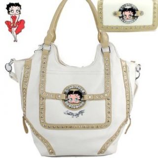 Betty Boop Fashion Unique Betty Boop Character and Gemstones Rhinestone Studded Two Line Zipper Embellishment Tote Satchel Handbag Purse with Wallet in White Clothing