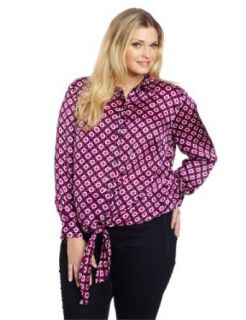 Vince Camuto Women's Plus Size Tie Front Button Down Rings Blouse, Wild Rose, 1X