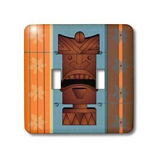3dRose lsp_77492_2 Wood Grain Tropical Tiki Mask Hawaiian Flowers Orange Blue and Brown Double Toggle Switch   Switch Plates  
