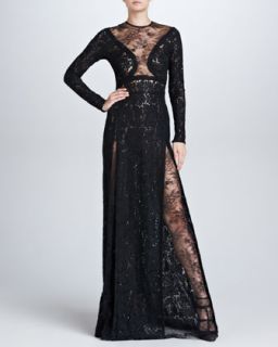Long Sleeve Lace Gown, Black   Elie Saab