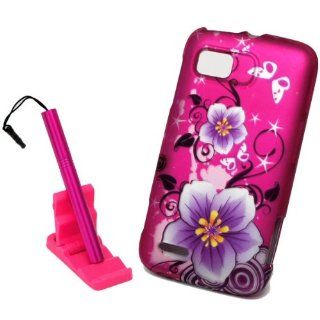 5pcs combo for AT&T Motorola Atrix 2 II MB865 Pink Purple Hawaiian Flower Butterfly Design Rubberized Snap on Hard Cover Shield Case + aluminum capacitive stylus pen + adjustable mini phone stand + LCD screen protector film + case opener tool Cell Pho