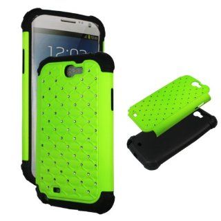 Neon Green Rhinestone Samsung Galaxy Note 2, II N7100, T889 Hybird High Impact Shock Defender Plastic Outside with Soft Silicone Inside Drop Defender Snap on Cover Case Cell Phones & Accessories