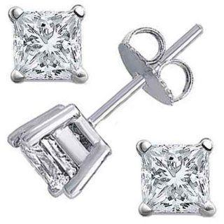 1.0 Ct Princess Cut Diamond Stud Earrings, H, SI1 Jewelry