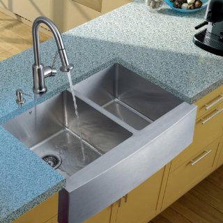 VIGO VG15098 Farmhouse Faucet Two Strainers Dispenser Double Bowl Kitchen Sink, Steel    
