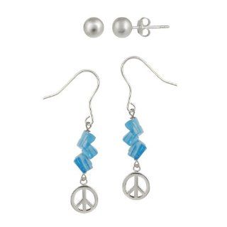 Sterling Silver Peace Sign and Blue Hand  Blown Glass Chip Linear French Wire Earrings and 6mm Stud Earrings Set Jewelry
