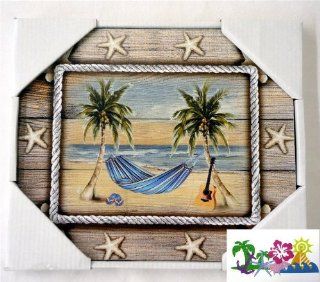Decorative Beach Sign   Hammock and Palm Trees on the Beach   Starfish Accent, Flip Flops and Guitar   9.25" X 7.875"   Comes Packaged with a Credit Card Sized Tropical Magnet Featuring a Starfish, Sailboat, Anchor and Shells   Decorative Plaques