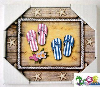 Decorative Beach Sign   Flip Flops on the Beach   Starfish and Tropical Flower Accent   9.25" X 7.875"   Comes Packaged with a Credit Card Sized Tropical Magnet Featuring a Starfish, Sailboat, Anchor and Shells   Decorative Plaques