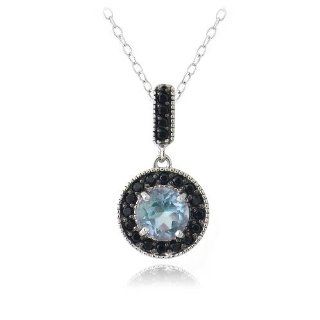 Sterling Silver 3.2ct Blue Topaz & Black Spinel Round Dangle Necklace Pendant Necklaces Jewelry