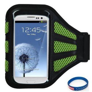Premium Sport Armband Case for Samsung Galaxy S4 mini/ S3 Mini/ Ring/ Centura/ Exhibit/ Legend/ Amp/ Admire 2/ Discover/ S2   Black (with Green Mess Ports)+ Star Strips Silicon Wristband Cell Phones & Accessories