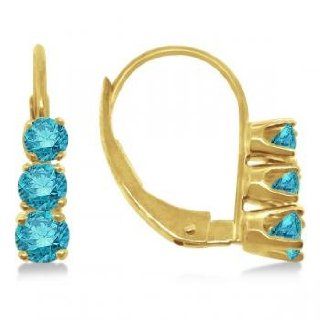 Three Stone Leverback Blue Diamond Earrings 14k Yellow Gold (0.50ct) Dangle Earrings Jewelry