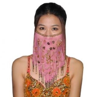 Ladies Charming Mesh Belly Dance Costume Face Veil With Sequins & Beads   Pink (Size one size ) World Apparel Clothing