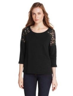 Cable & Gauge Women's 3/4 Raglan Sleeve Sweatshirt with Lace Shoulder, Black, Small