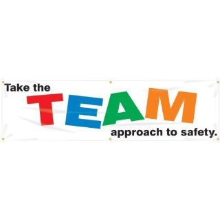 Accuform Signs MBR893 Reinforced Vinyl Motivational Safety Banner "Take the TEAM approach to safety" with Metal Grommets, 28" Width x 8' Length Industrial Warning Signs