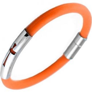 Stainless Steel Orange Round Rubber Cross Bracelet Christian & Catholic Religious Jewelry Clothing