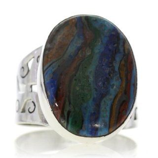Rainbow Calsilica Women Ring (size 8.25) Handmade 925 Sterling Silver hand cut Rainbow Calsilica color Multicolour 4g, Nickel and Cadmium Free, artisan unique handcrafted silver ring jewelry for women   one of a kind world wide item with original Rainbow 