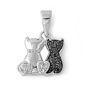 Black & White Cats Pendant Cubic Zirconia Sterling Silver 925 Jewelry