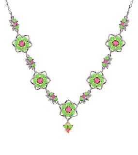 Victorian Style Lucia Costin .925 Sterling Silver with 24K Yellow Gold over .925 Sterling Silver Necklace with Twisted Lines and Leaves, Garnished with Fancy Charm, Pink and Light Green Swarovski Crystals Collar Necklaces Jewelry
