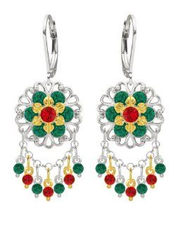 Lucia Costin Chandelier Earrings Made of .925 Sterling Silver with 24K Yellow Gold over .925 Sterling Silver Garnished with Red, Green Swarovski Crystals, Dots and Dangle Stones; Handmade in USA Jewelry