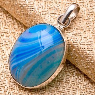 BSA3 BLUE STRIPED AGATE GEMSTONE SOLID .925 STERLING SILVER 1" STAMPED 925 GIFT PENDANT [With FREE NECKLACE]   from Hibiscus Express  Other Products  