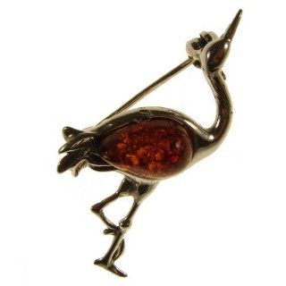 BALTIC AMBER AND STERLING SILVER 925 DESIGNER COGNAC HERRON BROOCH PIN JEWELLERY JEWELRY BR011 Jewelry