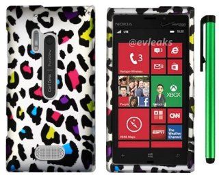 Nokia Lumia 928 (Verizon) Microsoft Windows Phone 8   Colorful Leopard On Silver Premium Beautiful Design Protector Hard Cover Case + 1 of New Assorted Color Metal Stylus Touch Screen Pen  Pencil Holders 