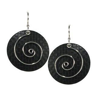 Jody Coyote Tuxedo Textured Black Circle Earrings with Silver Spiral SMP930 01 Dangle Earrings Jewelry