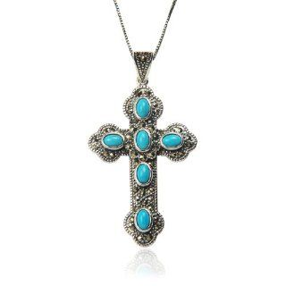 Sterling Silver Marcasite and Chinese Turquoise Cross Pendant Necklace, 18" Jewelry