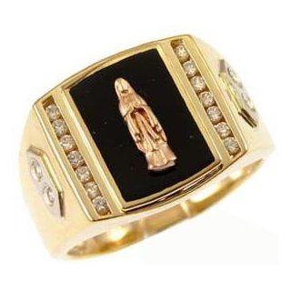 14k Tricolor Gold, Fancy Religious Ring For Men Guy Gent with Black Resin and Lab Created Gems Virgin Mother Mary Jewelry