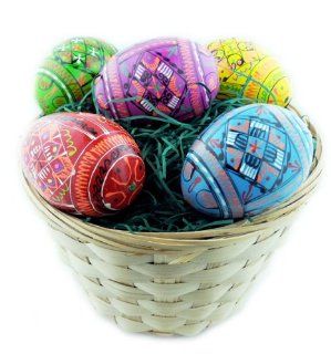 Basket of 5 Wooden Easter Eggs Ukrainian Wooden Easter Eggs Pysanky Egg   Home Storage Baskets