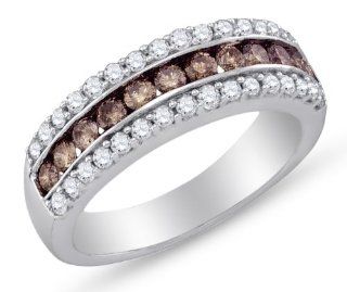 10K White Gold Channel Set Round Brilliant Cut Chocolate Brown and White Diamond Ladies Womens Wedding Band OR Anniversary Ring (.98 cttw.) Jewelry