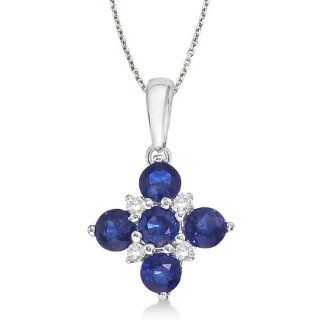 Diamond and Sapphire Cluster Pendant Necklace 14k White Gold (0.65ct) Jewelry