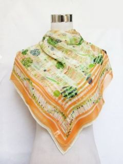 Georgette Hand Sewn Green Floral Print On Orange   Silk Square Scarf 34" x 34" Fashion Scarves
