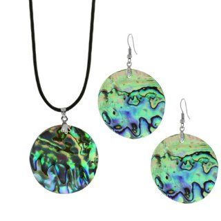 1 1/2" Multi Color Abalone Shell Inlay Pendant Earrings Set W/Chain Jewelry