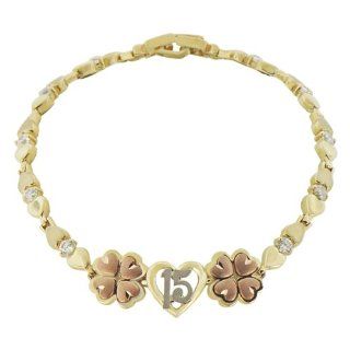14k Tricolor Gold, 15 Anos Quinceanera Heart Flower Bracelet with Lab Created Gems 10mm Wide Jewelry