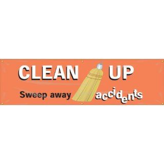 Accuform Signs MBR958 Reinforced Vinyl Motivational Safety Banner "CLEAN UP Sweep away accidents" with Metal Grommets, 28" Width x 8' Length, White/Black on Orange Industrial Warning Signs