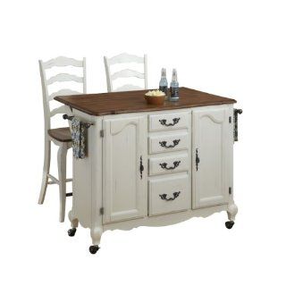 Home Styles 5518 958 The French Countryside Kitchen Cart and Two Stools, Oak/Rubbed White   Kitchen Storage Carts