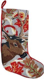 Festive Whitetail Autumn Deer Wool Hooked Christmas Stocking   Needlepoint Deer Stocking