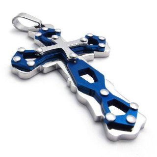 Atlas Jewels Men's Stainless Steel Industrial Faith Cross Pendant Necklace   Blue Jewelry