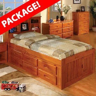 TWO Discovery World Furniture Honey Twin Bookcase Captains Beds with FREE Nightstand and Bookshelf   Platform Beds