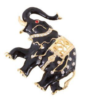 Fashion Jewelry ~ Black and Goldtone Elephant Accented with Rhinestones Brooch Pin (Style AB986 GBK Ur) Jewelry