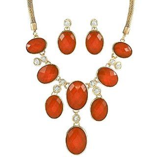 Goldtone Orange and Clear Rhinestone Bib Necklace and Earring Set Jewelry