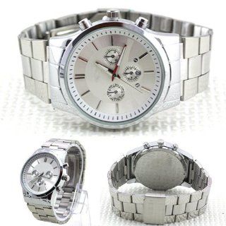 Hot Men's Watch Calendar+Strips Hour Marks Round Dial Steel Band(Silver) Watches