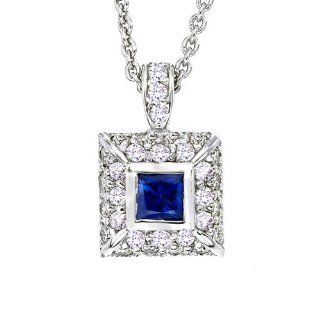 14k White gold Blue Sapphire and White diamonds pendant necklace Jewelry